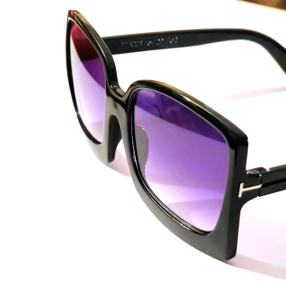 Full Eye Cover Rounded Squared Black Sunglasses W/ Purple Transition Lense